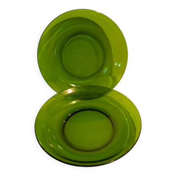 Set of 2 vintage green glass plates with dark rim – 1960s/70s