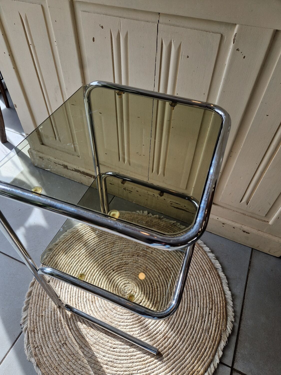 Side Table End Table Nightstand in Chrome Metal Tempered Glass