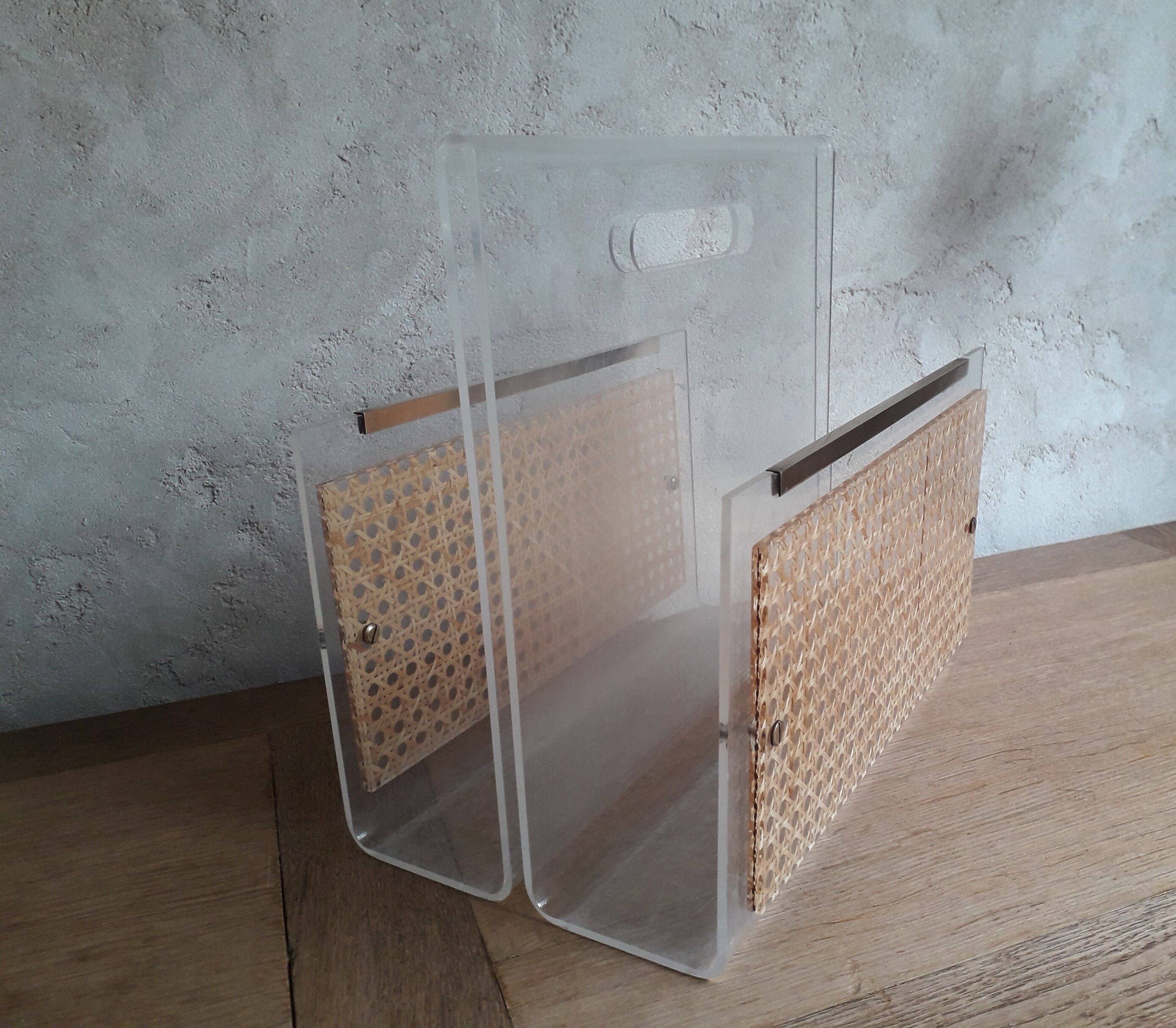 Plexiglas and cannage magazine holder