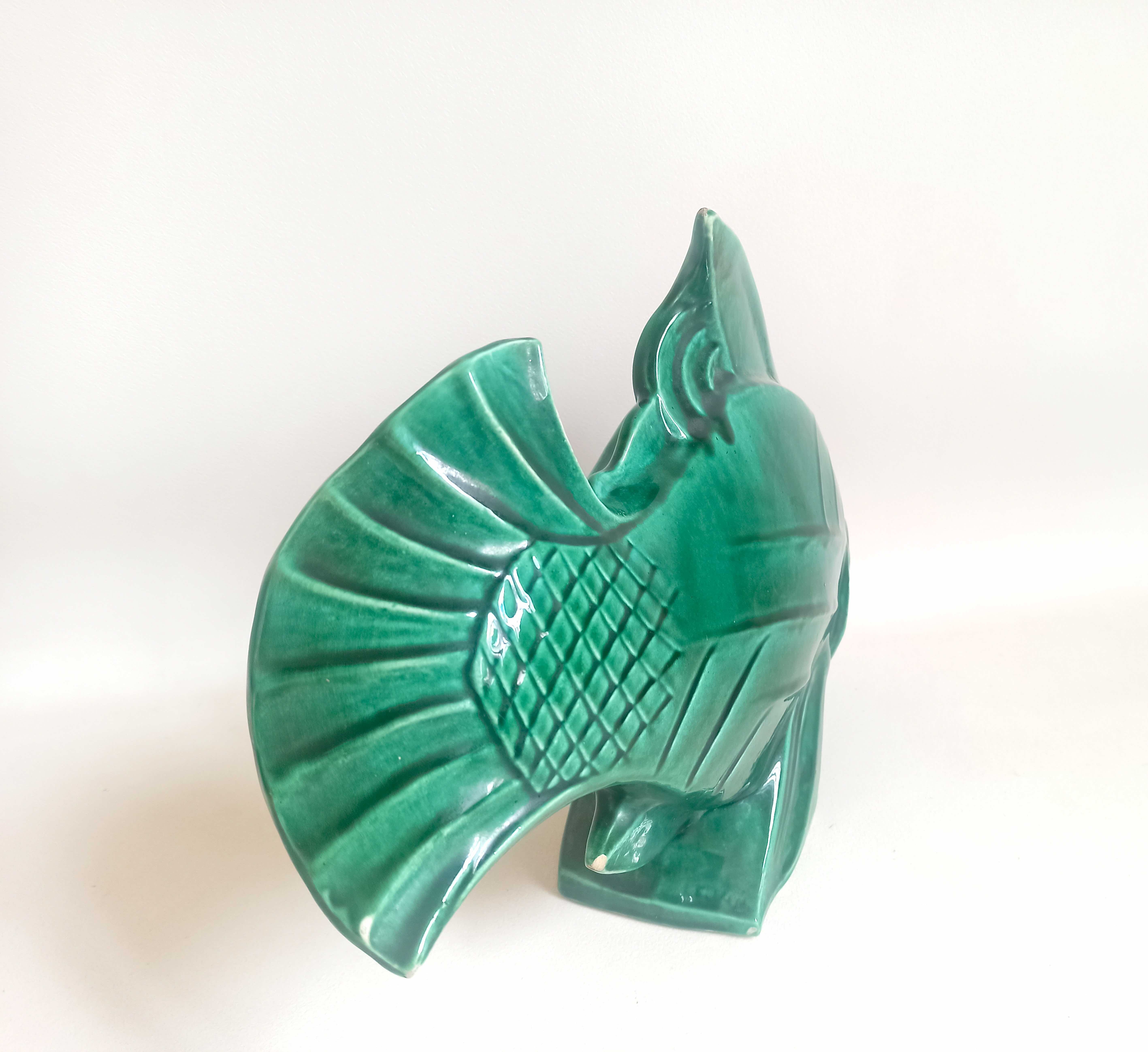 Green ceramic fish lejan art deco width 40 cm
