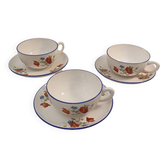 3 large cups with saucers, Salins France Opaceline Opaque porcelain