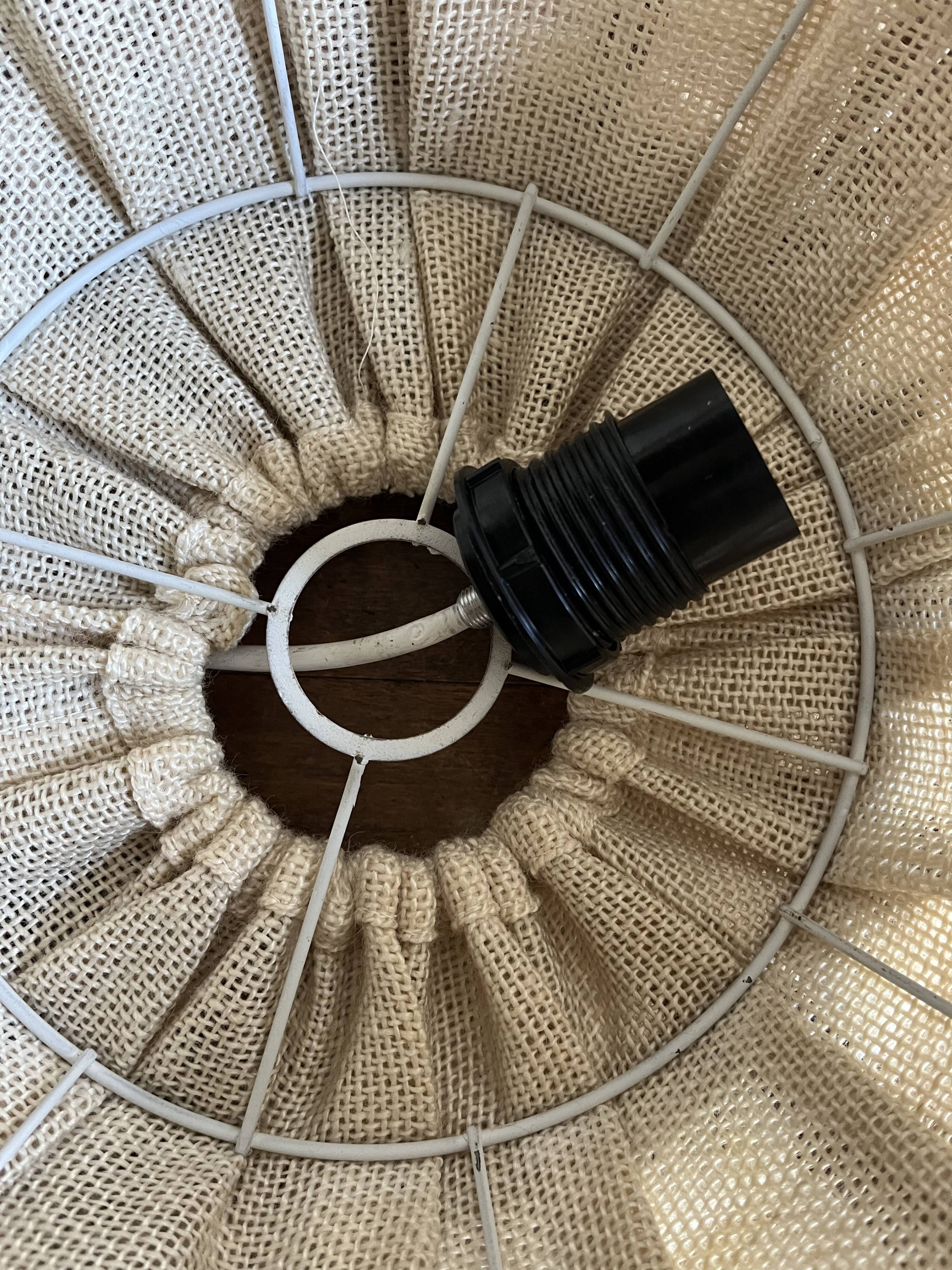 Large Scandinavian pendant light, natural wood, jute, wool, 70s