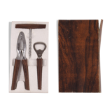 Teak wooden bottle opener, corkscrew and nutcracker set