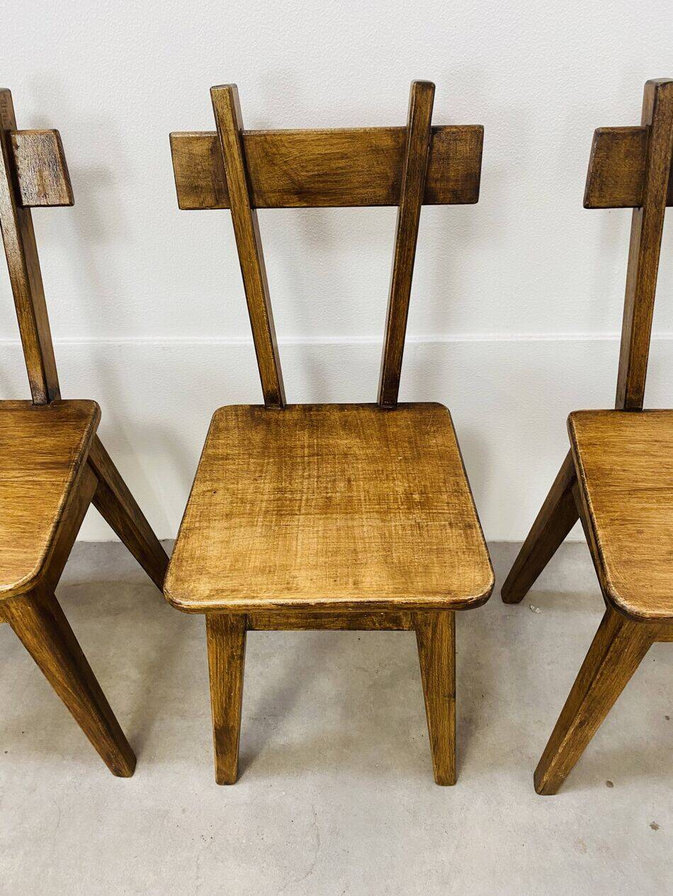 6 brutalist solid wood chairs, chalet decor, vintage