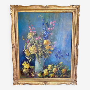 Huile sur toile par L. Lagnoux bouquet de fleurs nature morte 1960