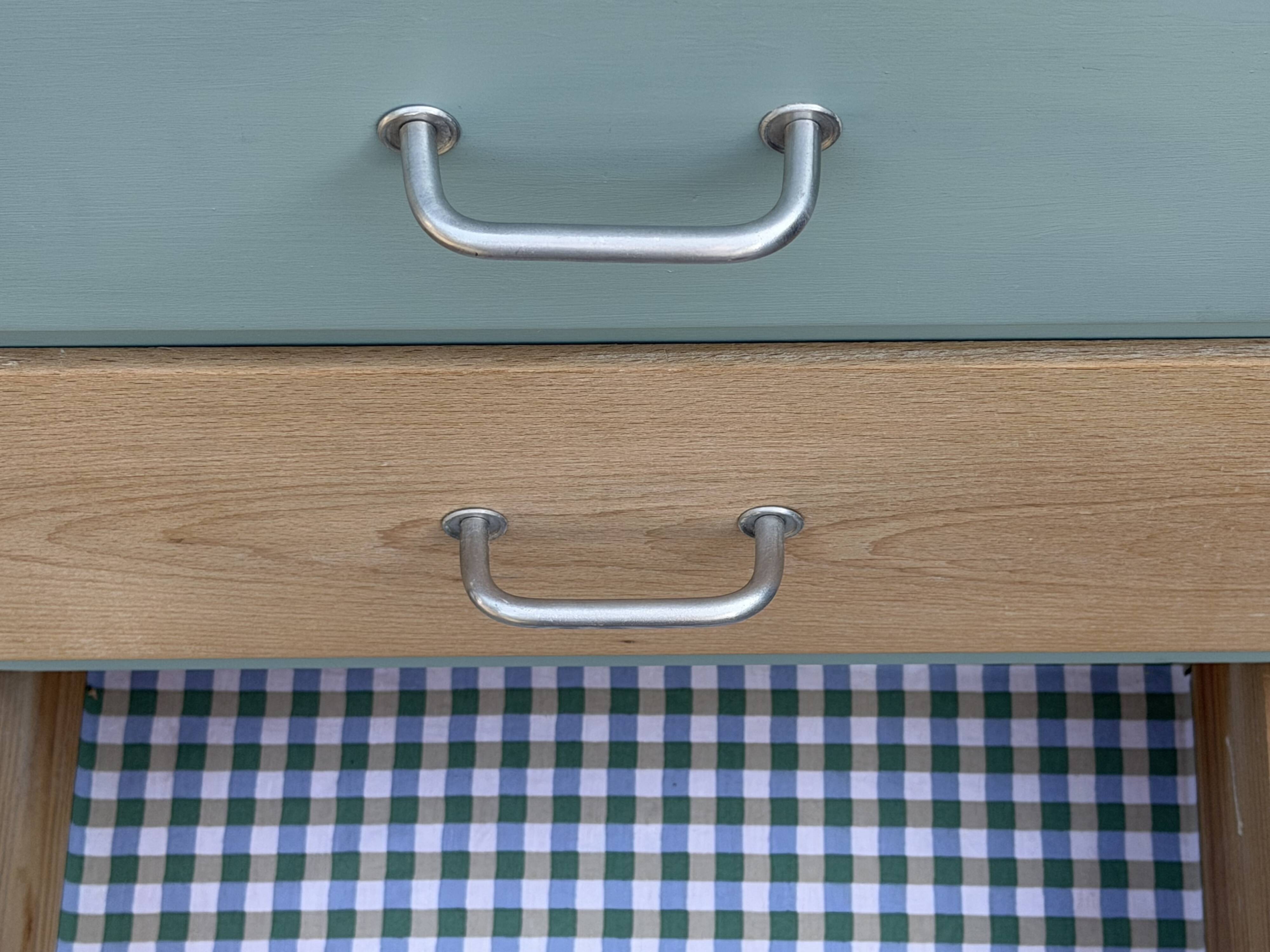 Vintage tall chest of drawers in raw wood and grey-blue from the 1950s.