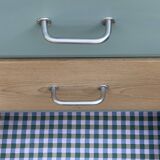 Vintage tall chest of drawers in raw wood and grey-blue from the 1950s.
