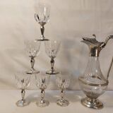 Set of 6 crystal and pewter wine glasses and ewer carafe from France