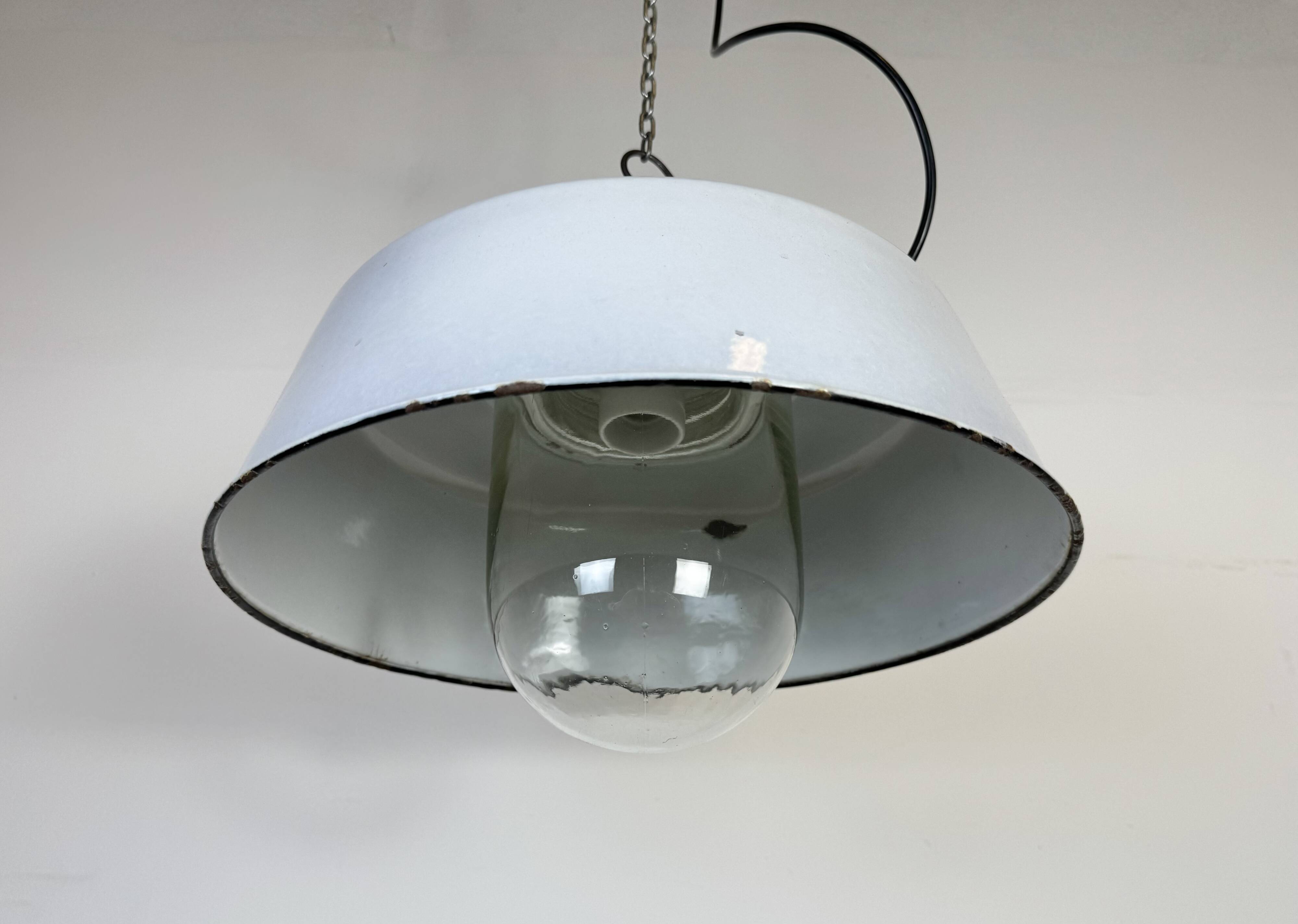 Industrial Grey Enamel Factory Pendant Lamp with Glass Cover, 1960s