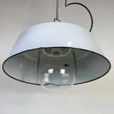 Industrial Grey Enamel Factory Pendant Lamp with Glass Cover, 1960s