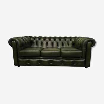 Three-seater green leather Chesterfield sofa
