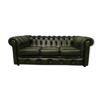 Three-seater green leather Chesterfield sofa