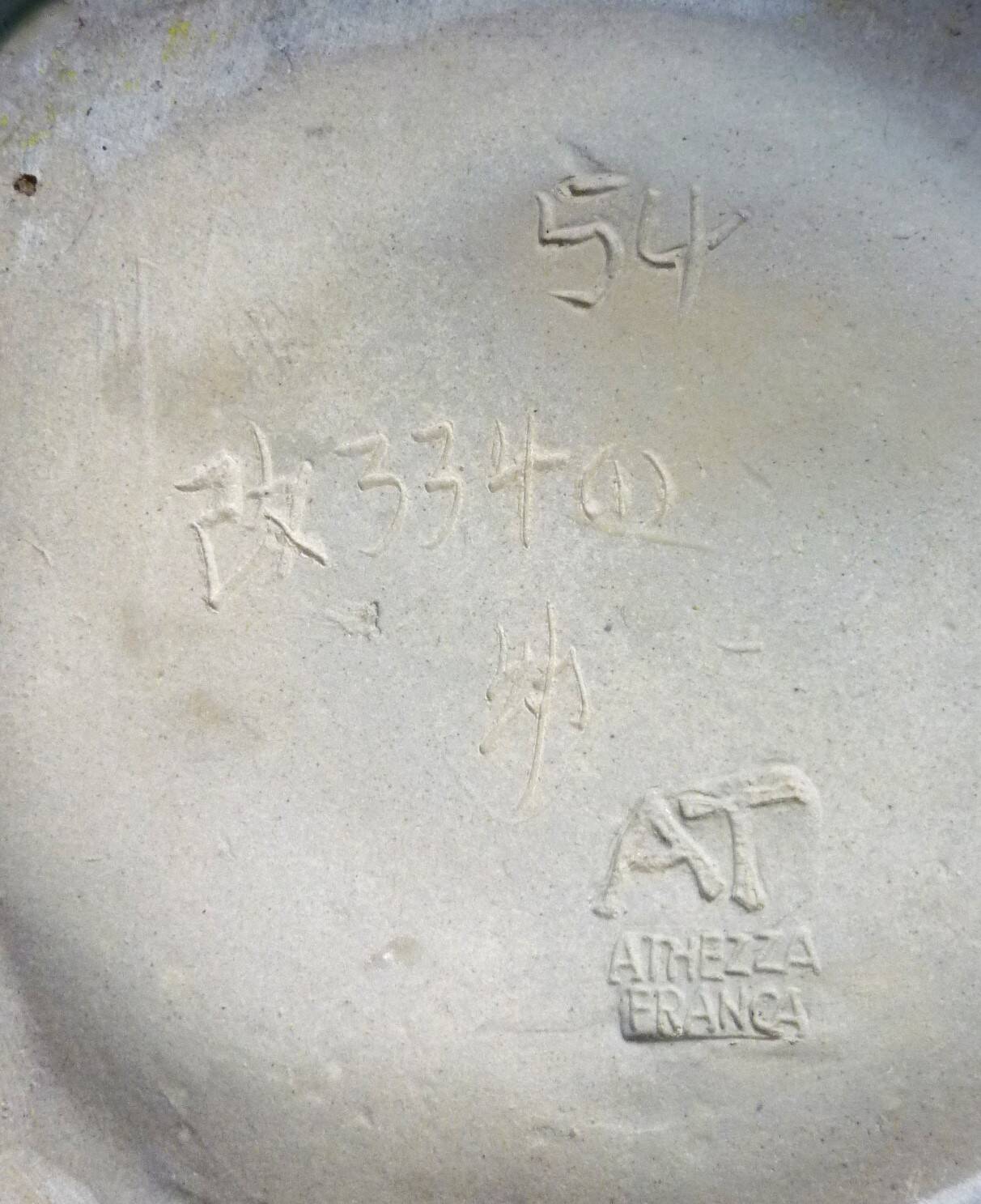 Frog pitcher, glazed ceramic, slipware, signed Athezza Franca