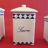 Set de 3 anciens pots à épices bocaux alimentaires vintage blanc bleu Farine Sucre Sel
