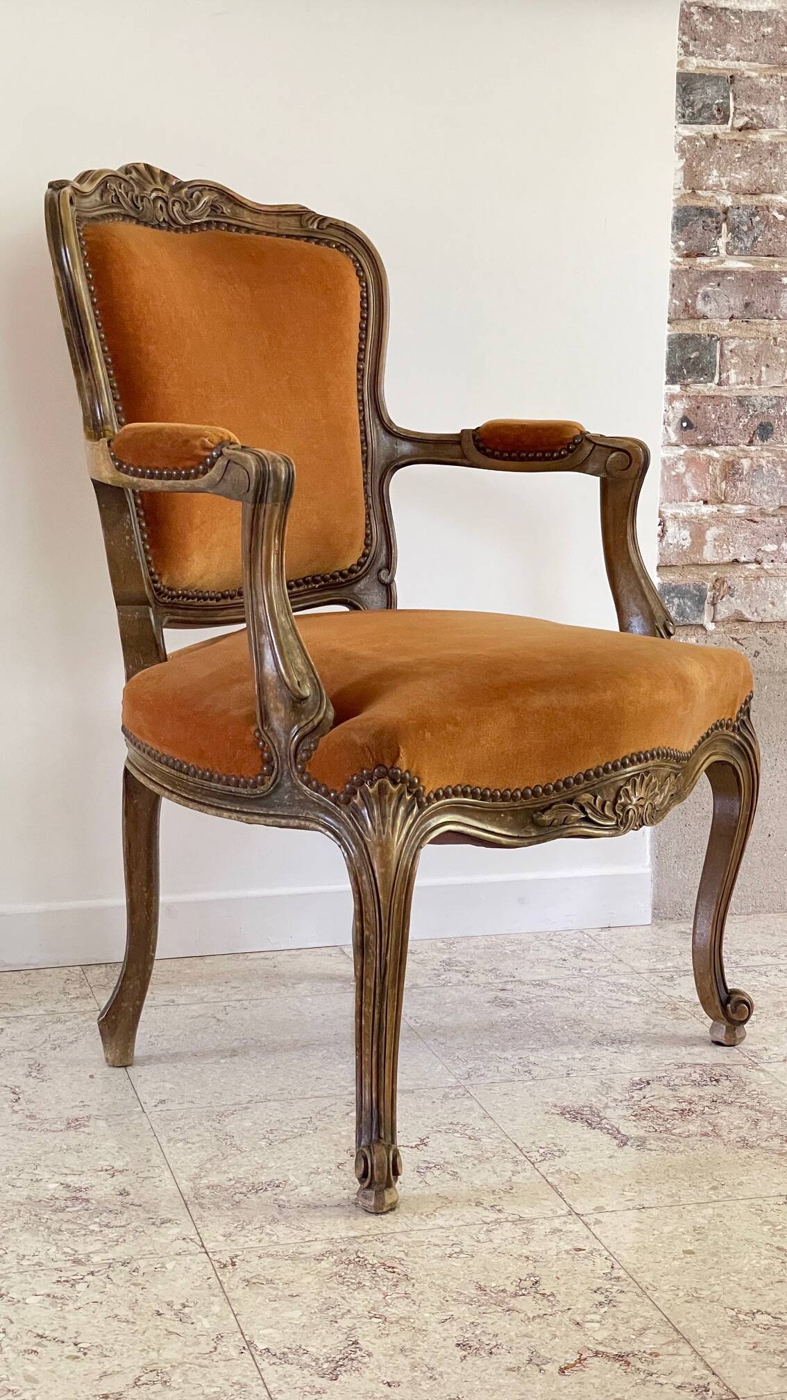 Vintage French Curry Velvet Cabriolet Armchair