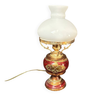 Antique Florentine Red and Gold Wooden Lamp, Italian, Oil Lamp Type, Electric.