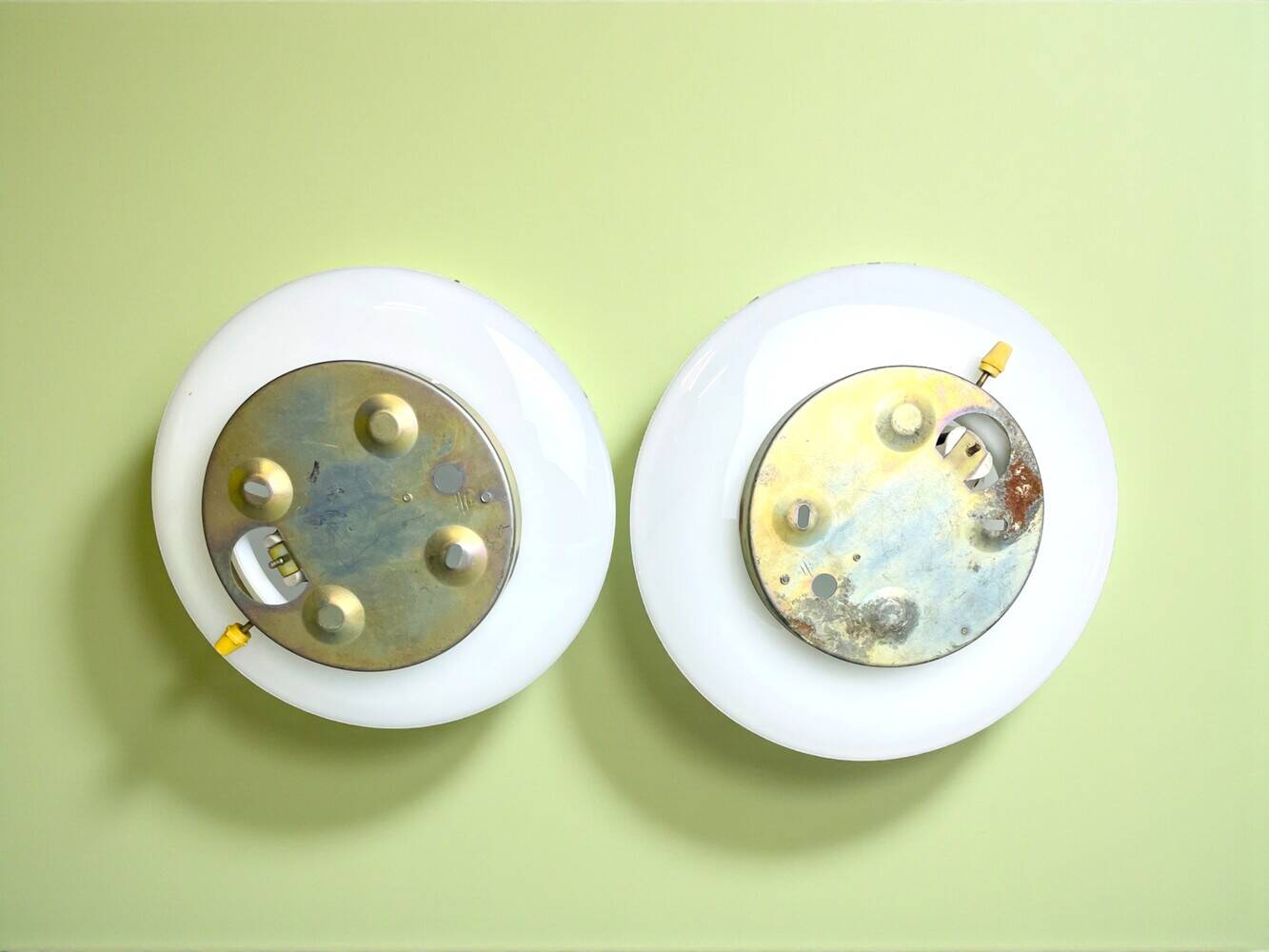 Pair Art Deco white glass wall or ceiling lamps