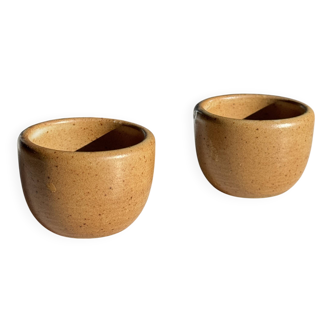 Set of vintage beige stoneware egg cups Grès Village France H4