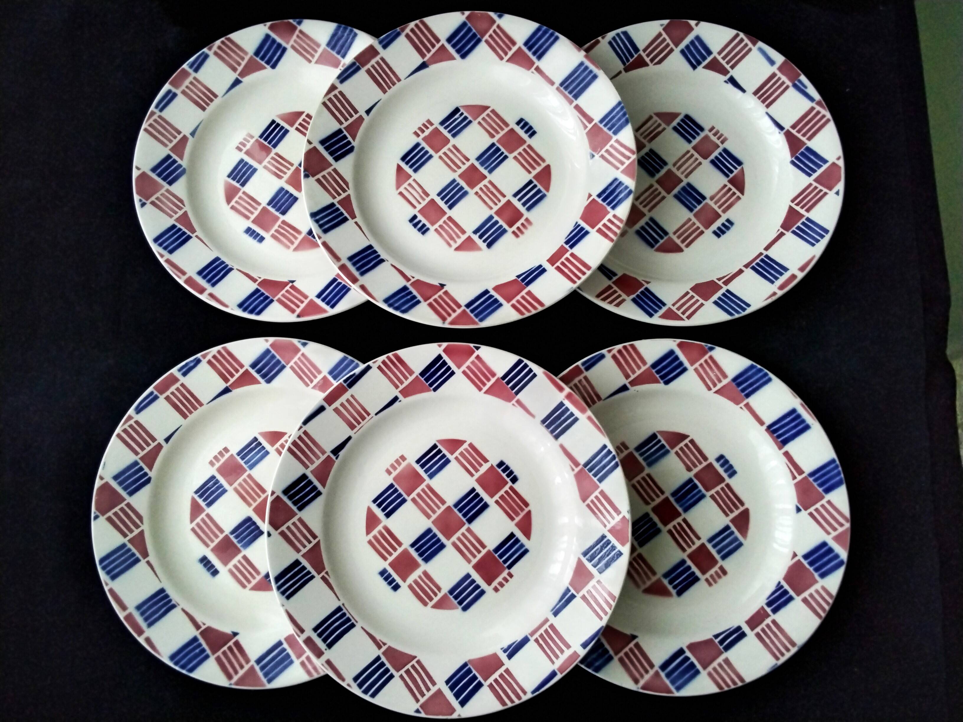 6 flat plates in Saint Amand earthenware Art Deco style