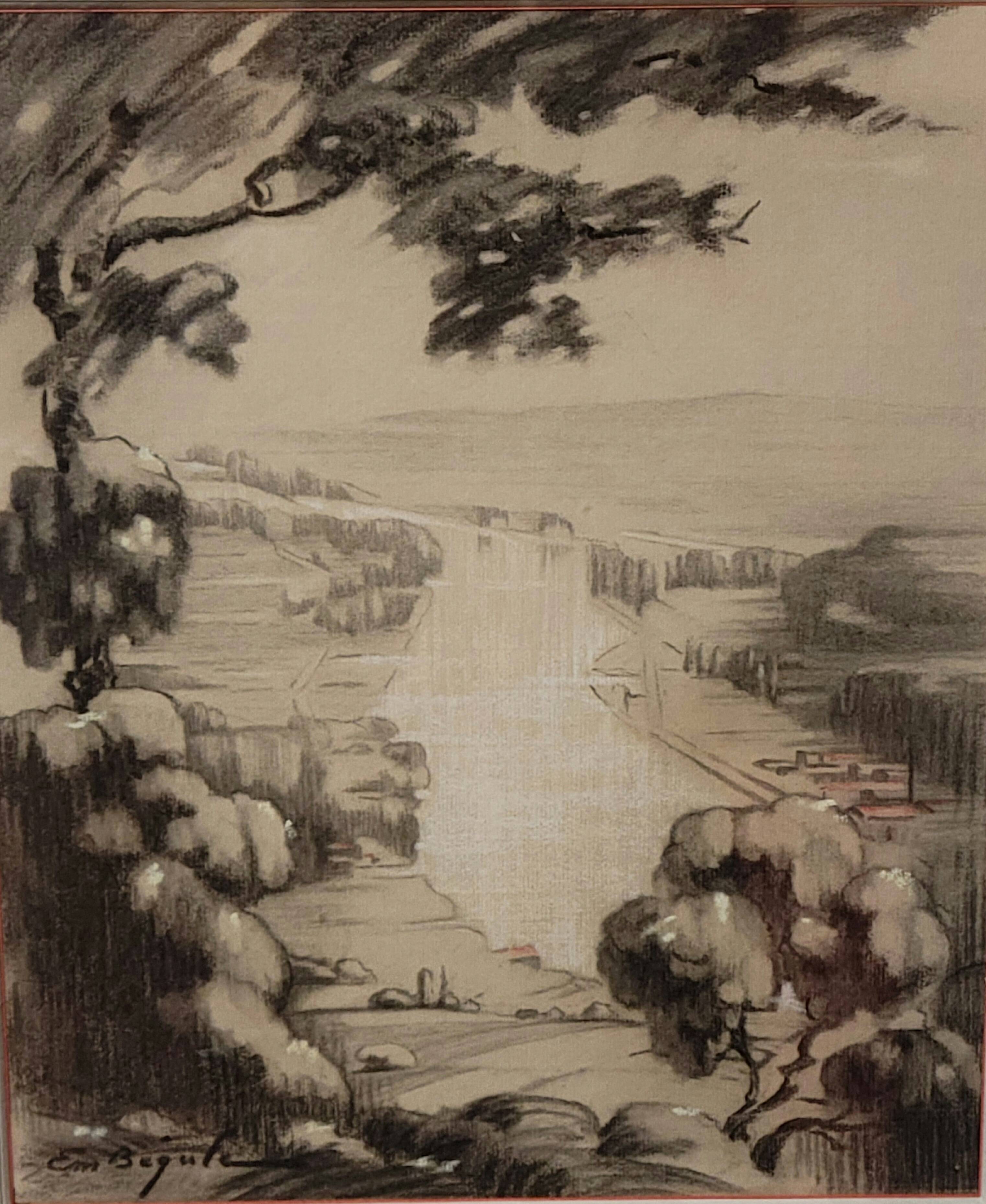 A very beautiful old drawing depicting a hilly landscape rendered in graphite.
