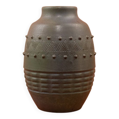 Vase Art déco Charles Greber en grès émaillé brun vert - 1920 - 25 cm