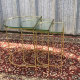 Suite of 3 trundle tables in golden brinze and glass slabs period 1970/1980