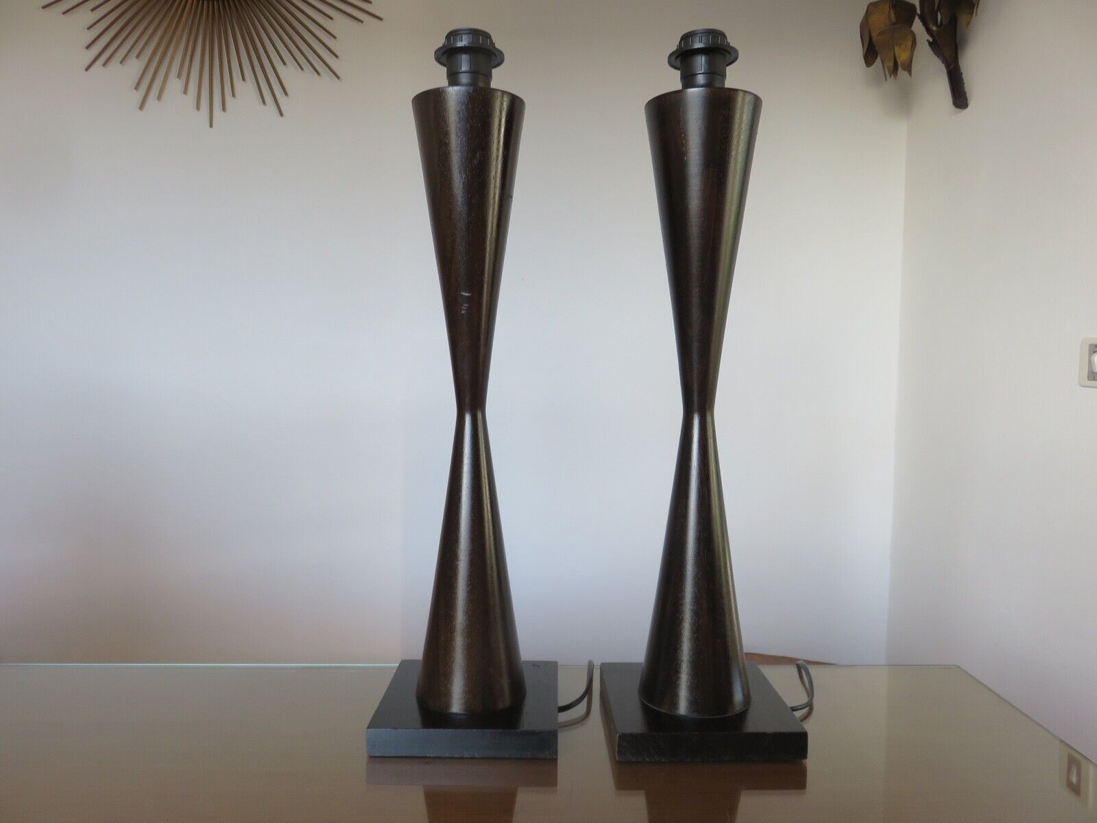 Pair of wooden diabolo lamps workshop lumen 80s