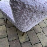 Mid-century cocktail chair in pink faux fur, solid beech legs, vintage style.