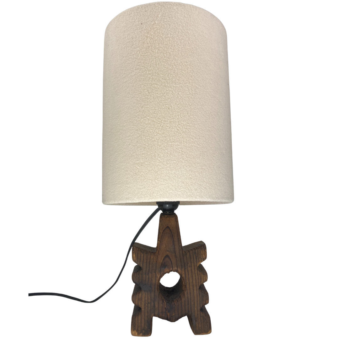 Brutalist wooden table lamp with teddy boucle shade. Dutch, 1970s