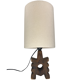 Brutalist wooden table lamp with teddy boucle shade. Dutch, 1970s