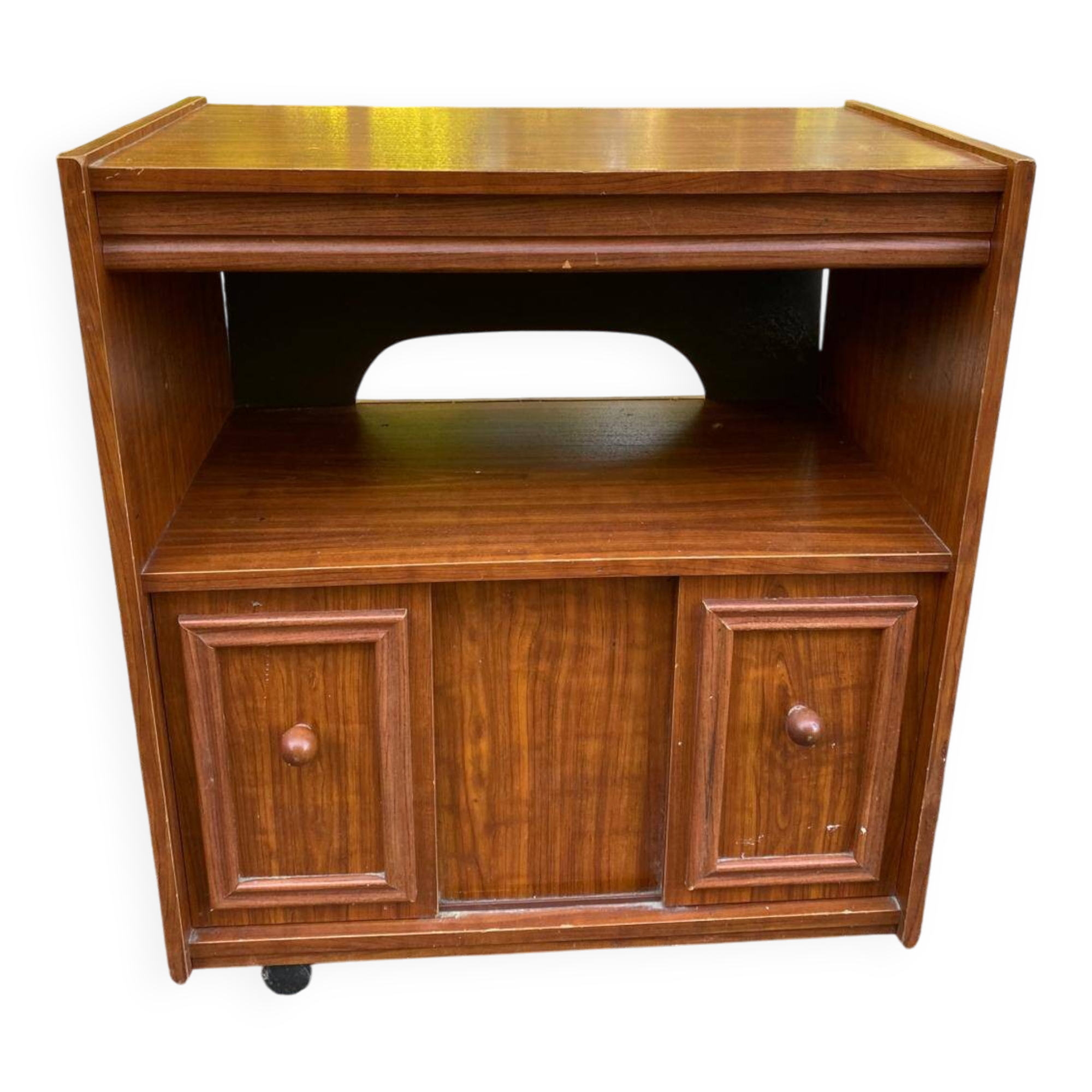 Vintage TV/Hi-Fi Unit on Wheels in Walnut Style, made in France 1970.