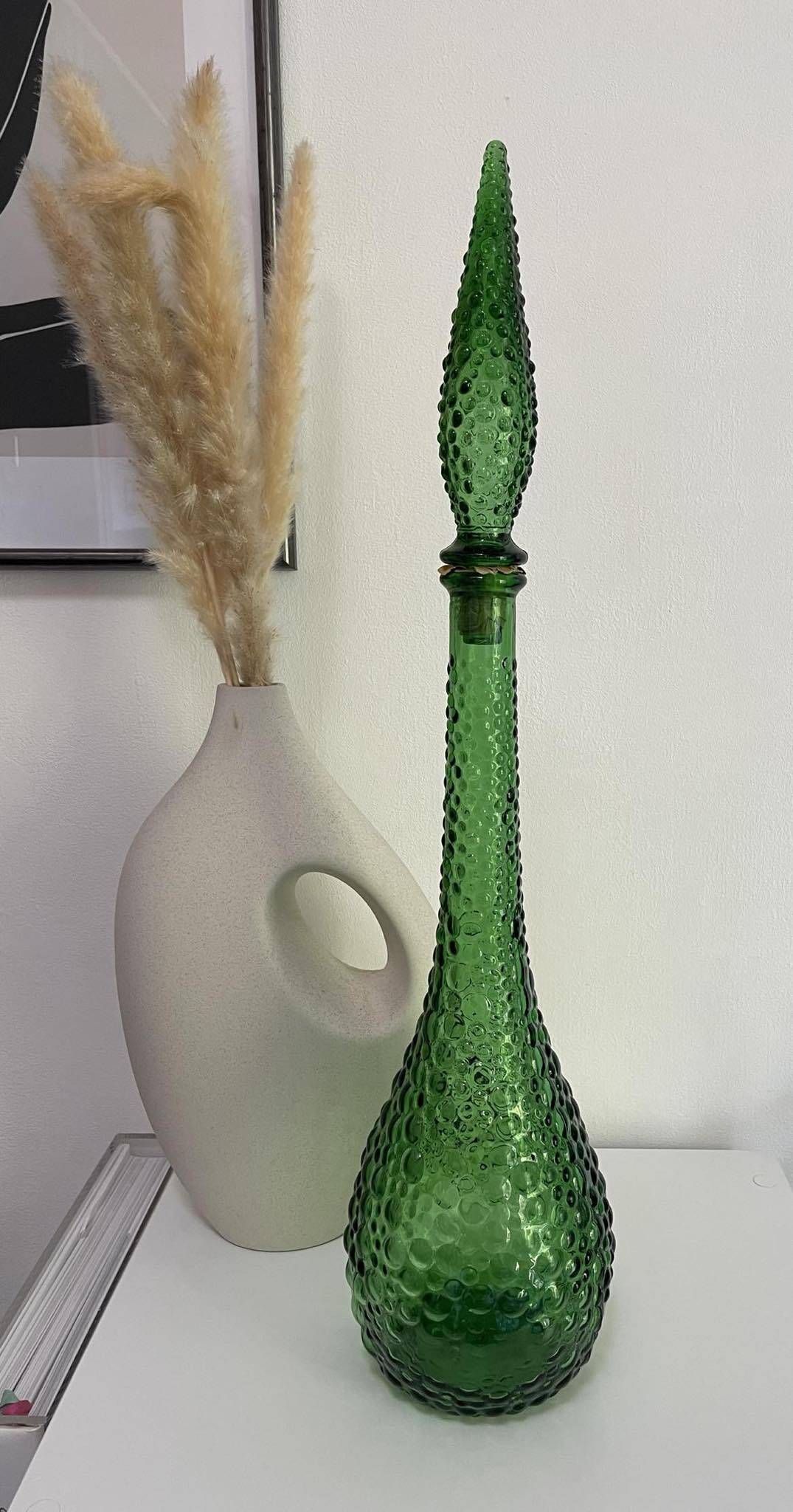 Vintage Empoli carafe in green "bubbled" decor glass from the 70s, large model