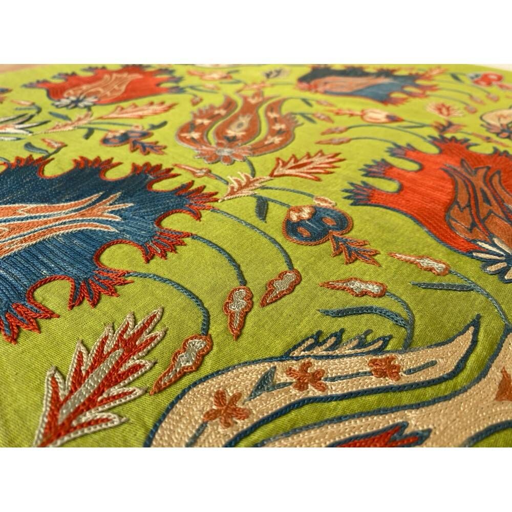 Silk Embroidered Floral Cushion Cover. Green Pillow Cover. Uzbek Suzani Throw Pillow. Traditional Accent Pillow