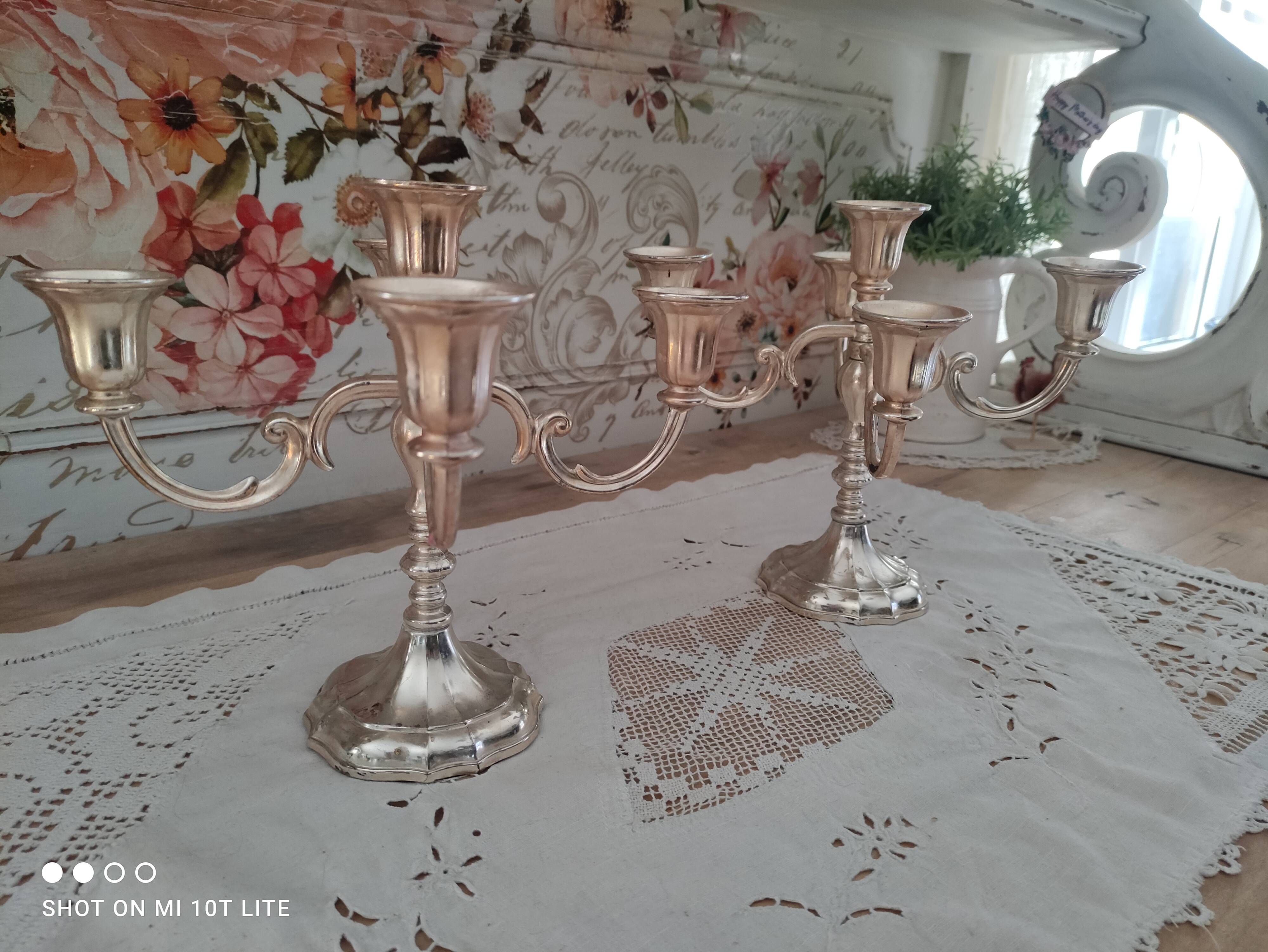 Set of 2 5-branched candlesticks in silver metal Versilbert 1950s