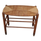 Tabouret, banc vintage en bois et paille