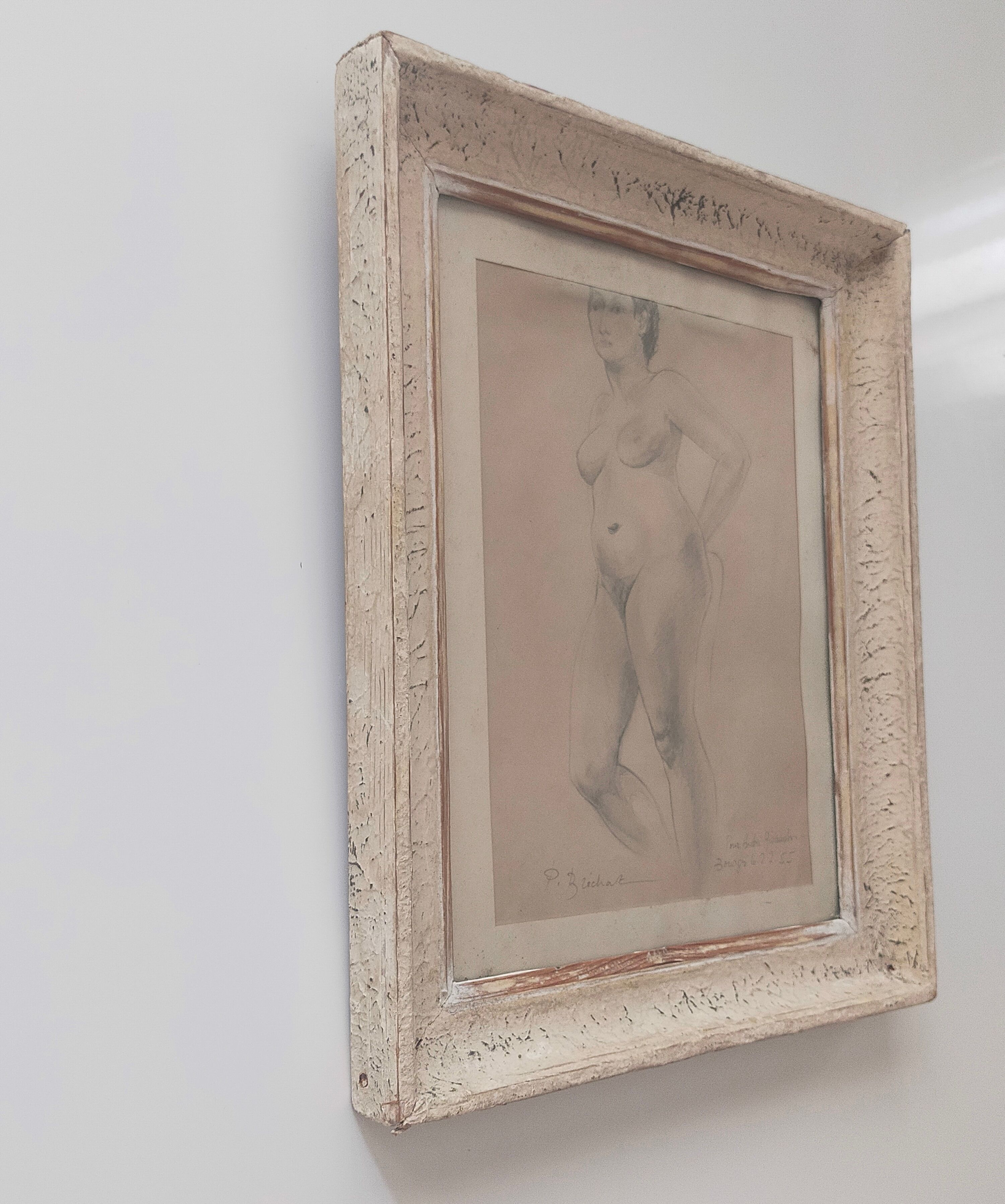 Drawing Female Nude signed P. Bréchat 1955