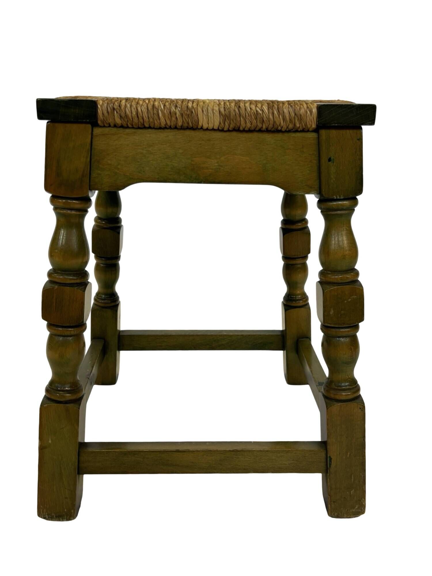 Vintage wooden stool straw seat 70s minimalist design in green