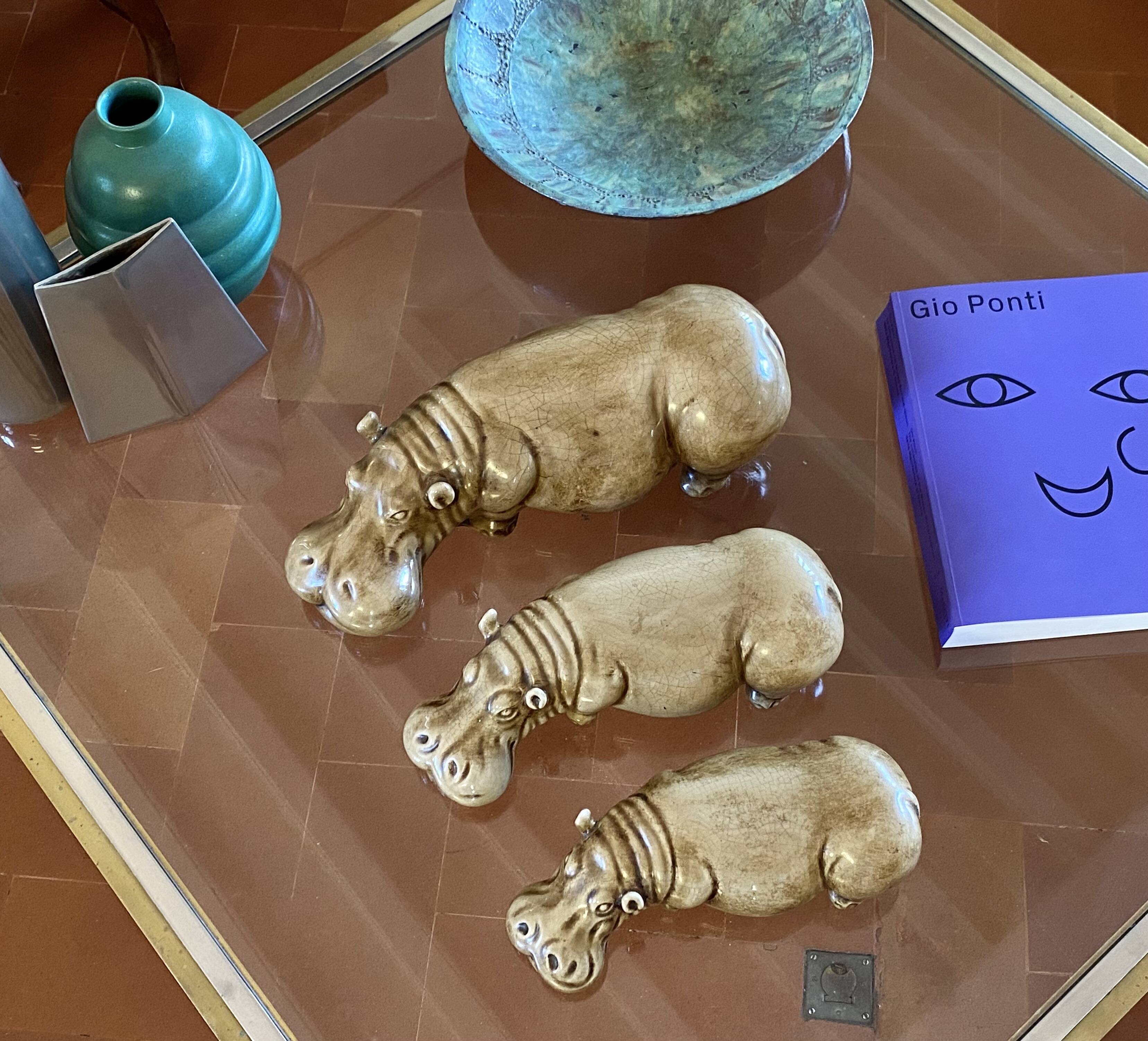 Mid-century Set of 3 ceramic hippos, Zaccagnini Italy 1950s