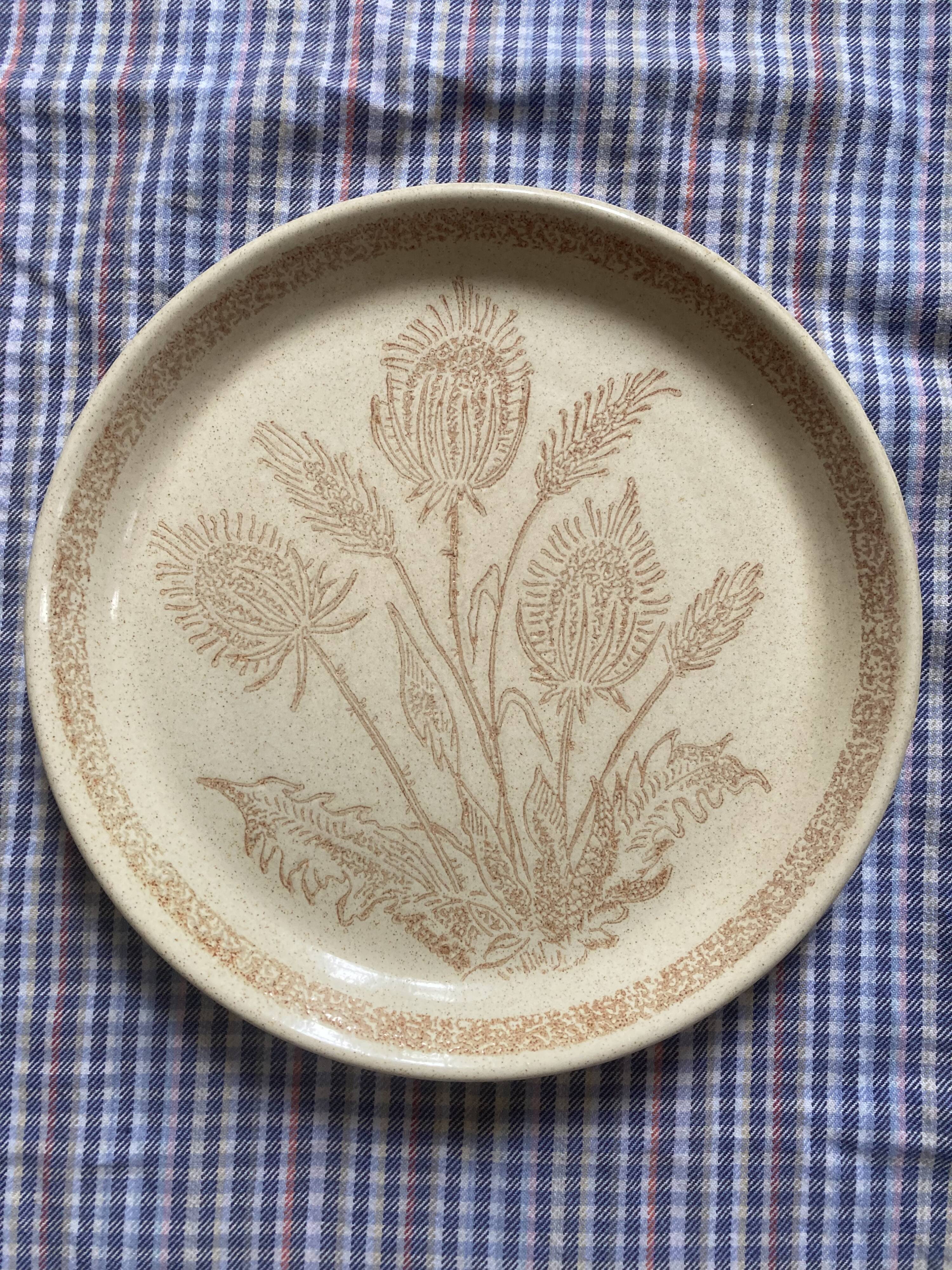 Flat stoneware plates decorated with vintage country flower 1960