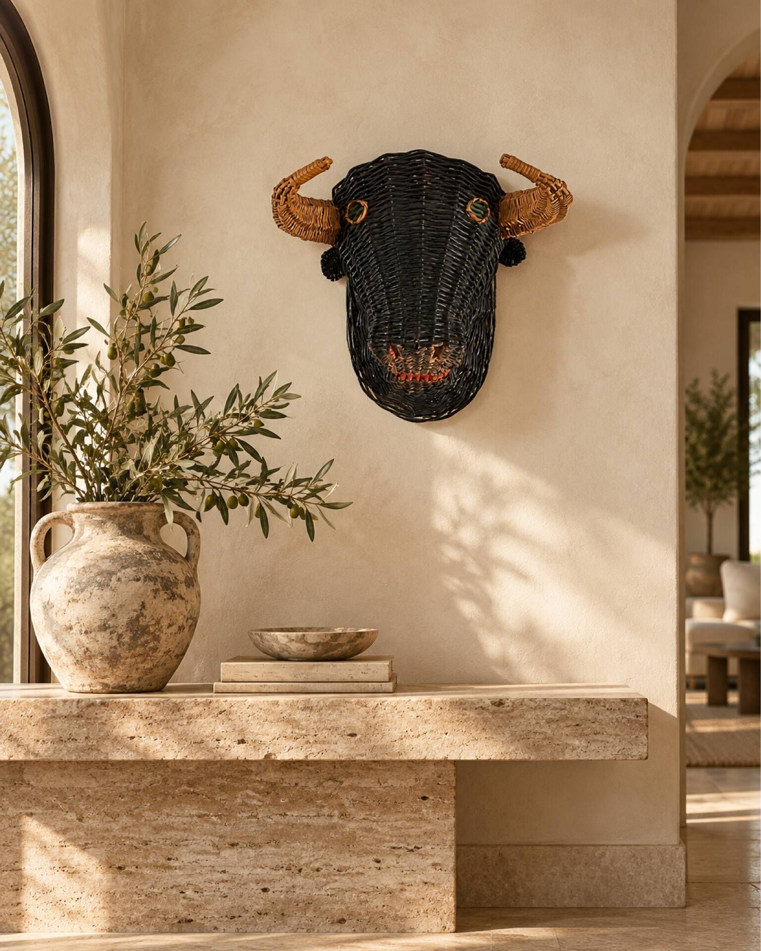 Rare polychrome wicker bull's head trophy, circa 1950.