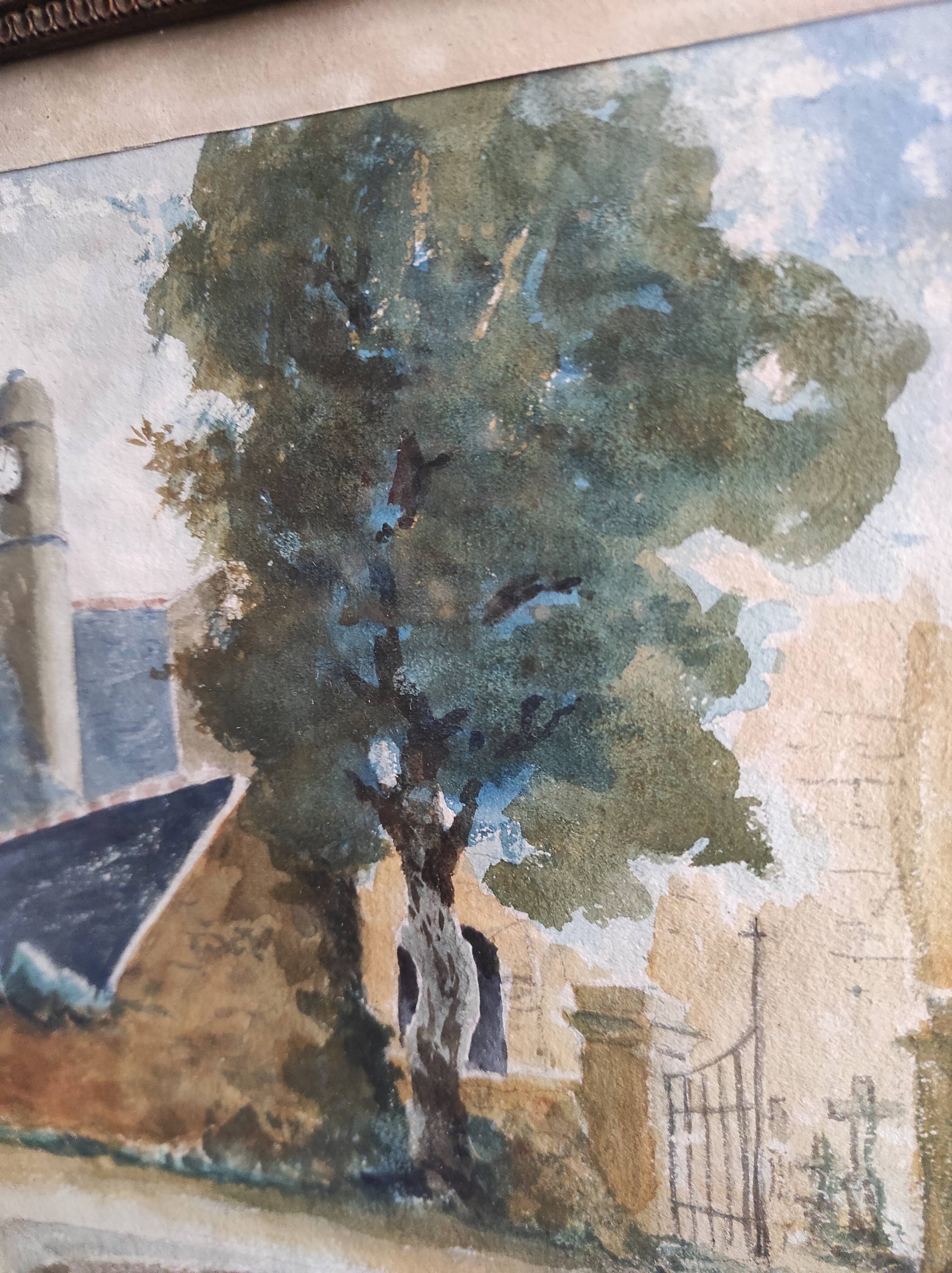 Vintage French watercolour of a village with a church, signed Vellat, from 1929  View on Etsy Copy