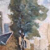 Aquarelle française d'un village avec une église, signée Vellat, 1929