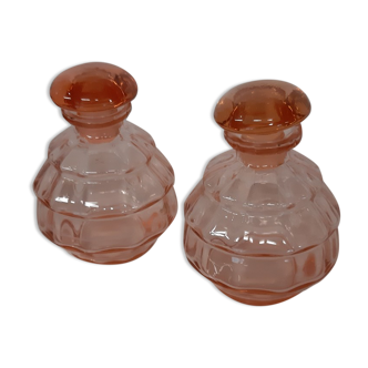 Art deco powdered pink glass bottles