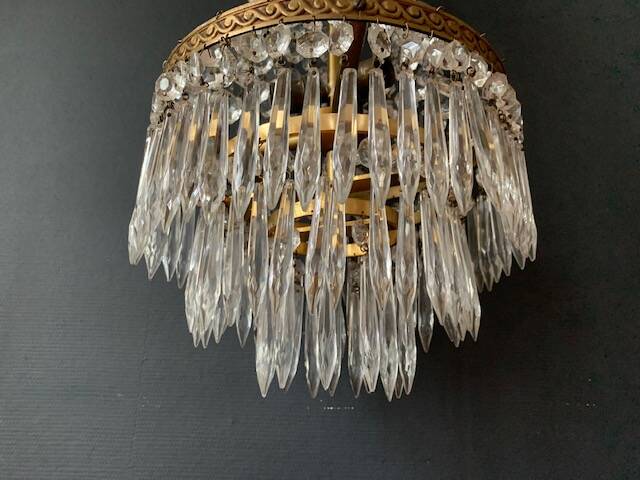 Antique hot air balloon chandelier in brass and crystal, 3 lights, 1920s