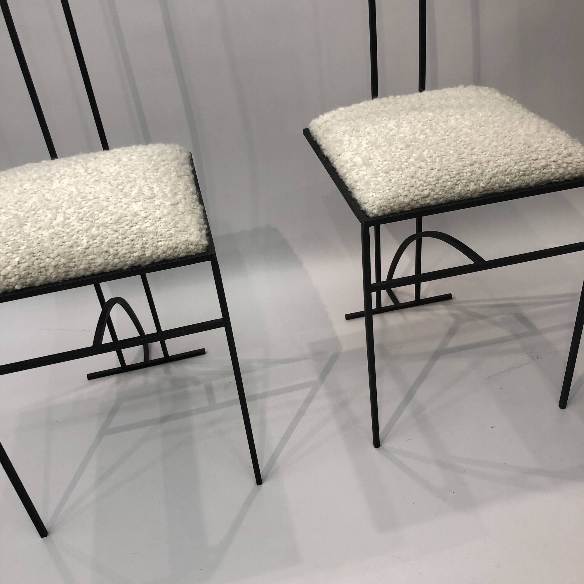Pair of Postmodern High Back Black Metal Side Chairs in Boucle 1980s Vintage 70s