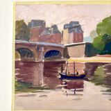 Painting on paper "Houses, bridge, river, boat and people" n°24