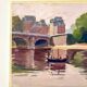 Painting on paper "Houses, bridge, river, boat and people" n°24