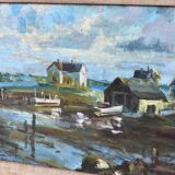 Oil on canvas, seaport scene