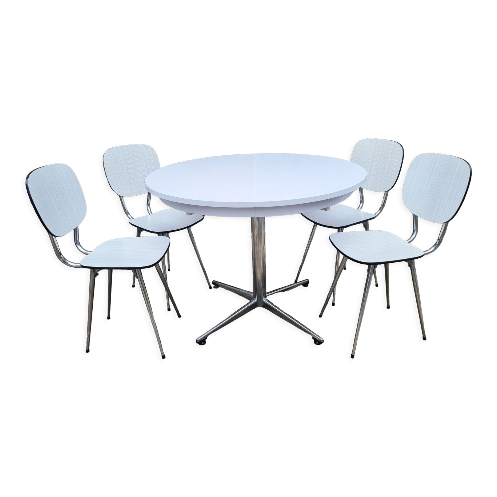 Round table and white formica chairs, vintage, 70s