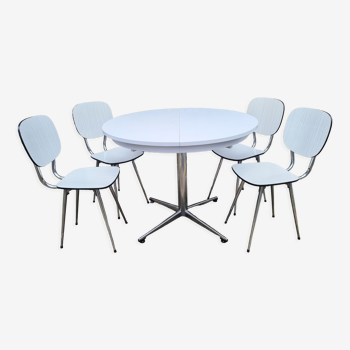 Round table and white formica chairs, vintage, 70s